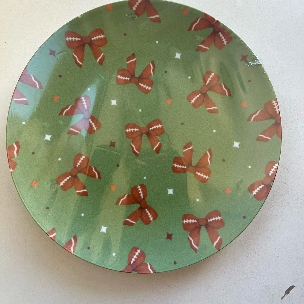 Set of 10 Festive Green Dessert/Appetizer Plates with Football Bows